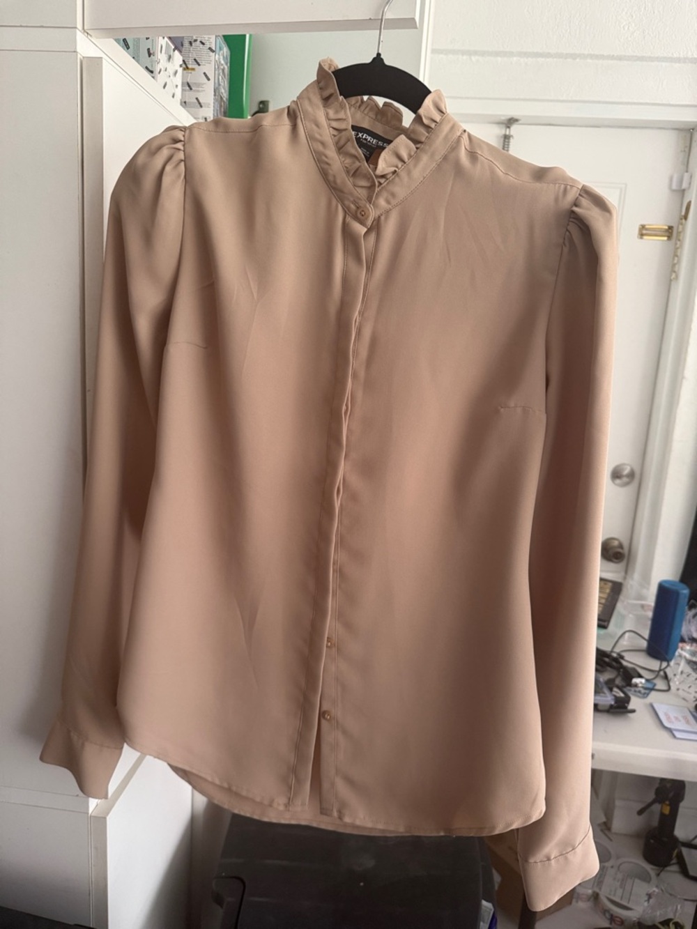 Express Blouson Sleeve Ruffle-Neck Blouse in Beige